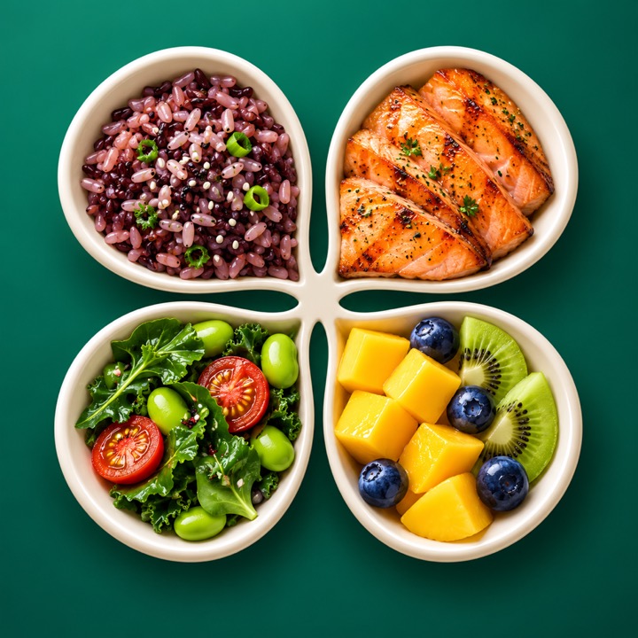 A four-part meal box with rice, salmon, greens and fruit